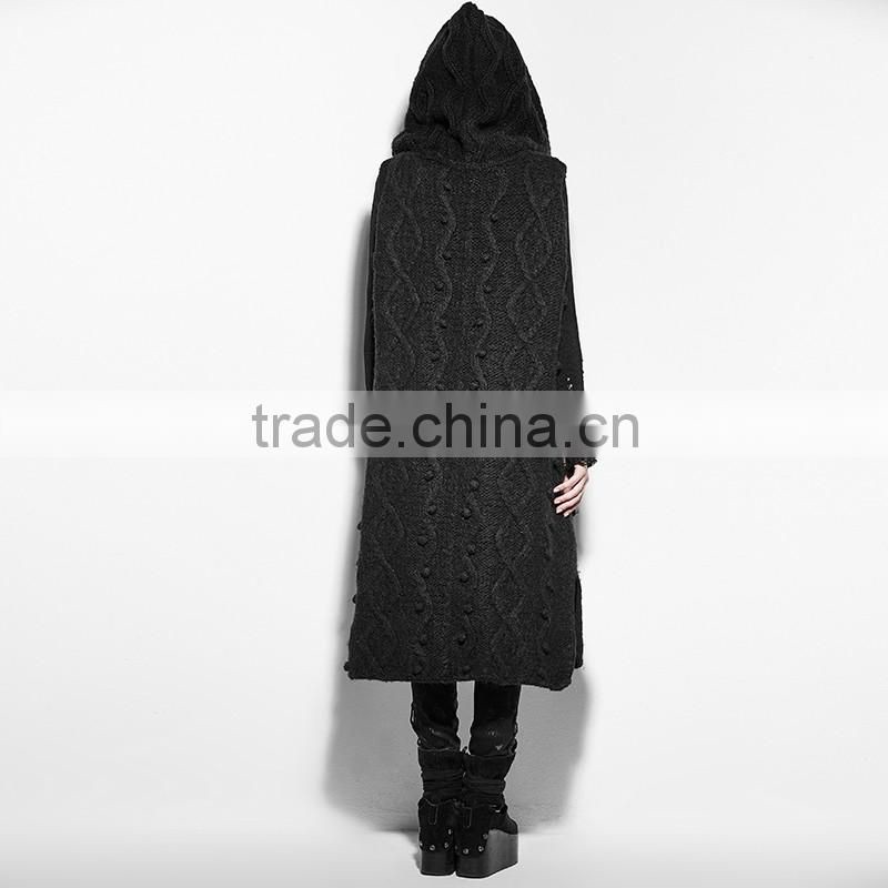 PM-039 Punk Black mechanism of pattern Loose Sleeveless Hooded Sweater With Claw Buckle Decoration