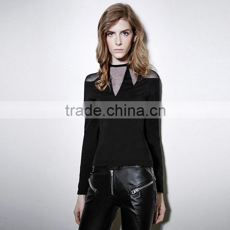 PT-064 Punk Transparent Mesh Splicing Cotton Long sleeves T-shirt