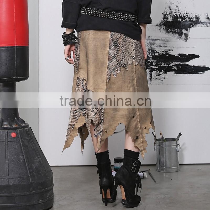 PQ-082 Khaki Irregular Sexy Micro Suede Nostalgic Prints Splicing Skirts