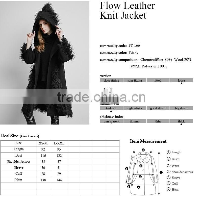 PY-166 Punk Winter Black Large Version Mixed Fabric Fur Long Coat With Big Hooded