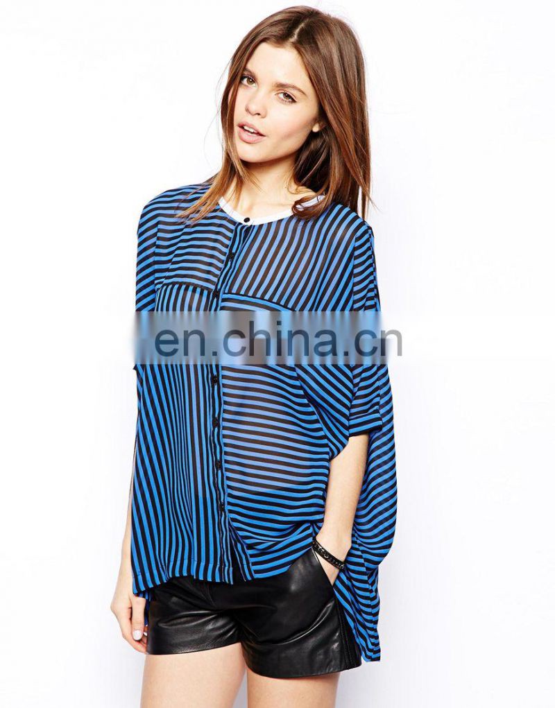 summer blouses women clothing 2014 Blouse with Contrast Collar in Cut About Stripe china apparel suppliers Polyester model-cp205