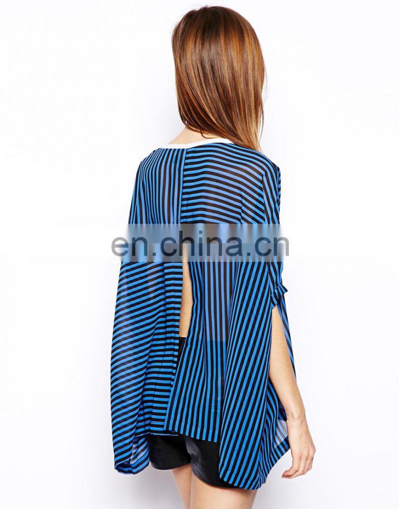 summer blouses women clothing 2014 Blouse with Contrast Collar in Cut About Stripe china apparel suppliers Polyester model-cp205