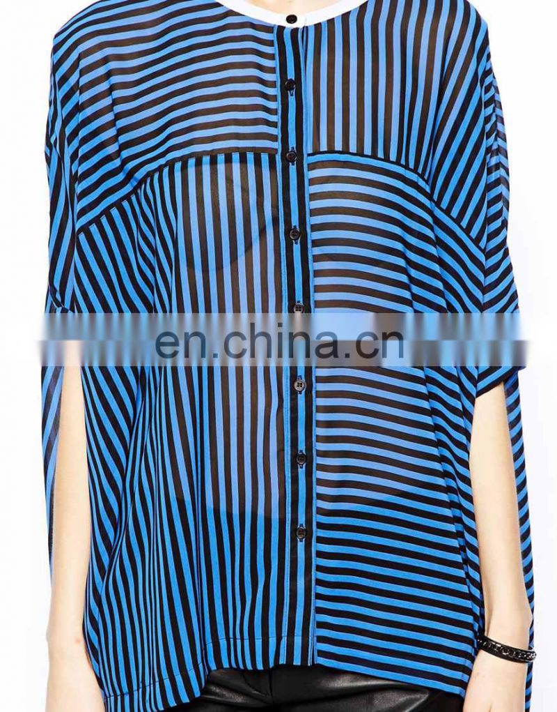 summer blouses women clothing 2014 Blouse with Contrast Collar in Cut About Stripe china apparel suppliers Polyester model-cp205