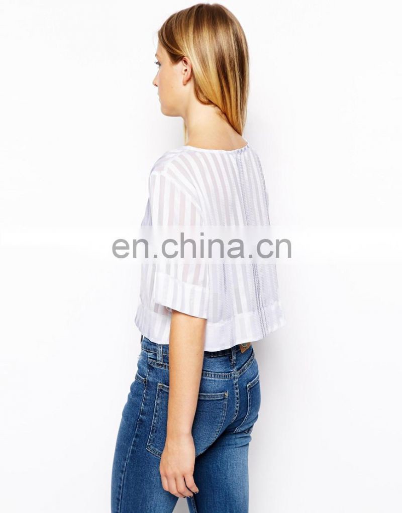 summer blouses women clothing 2014 Satin Stripe Crop Top china apparel suppliers Polyester model-cp203