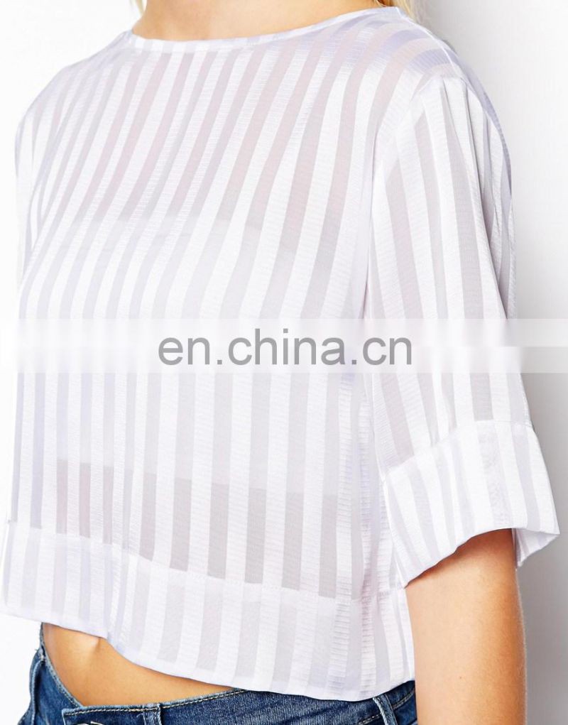 summer blouses women clothing 2014 Satin Stripe Crop Top china apparel suppliers Polyester model-cp203