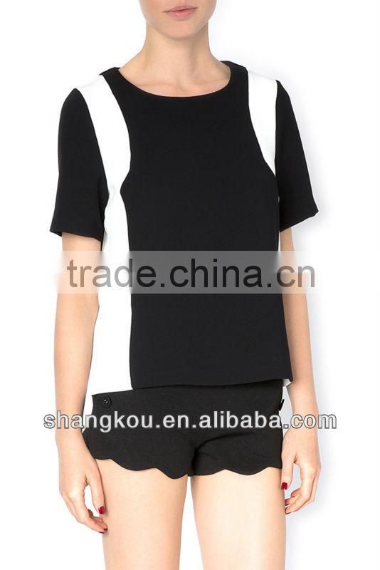 Contrast color Patchwork Women Casual Cheap Tshirt Ladies tops images Custom SHK64