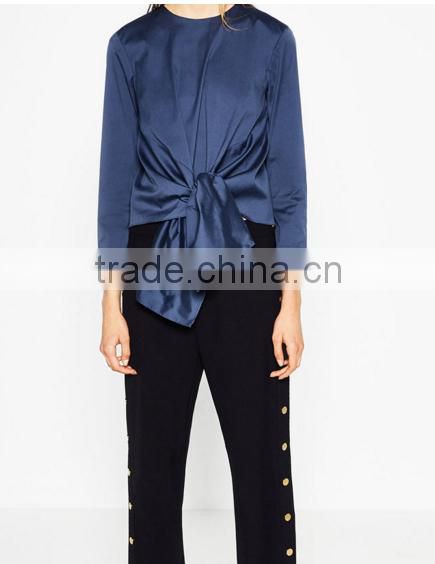 Long Sleeve Poplin latest blouse design 2016, bow tie knot new model blouses