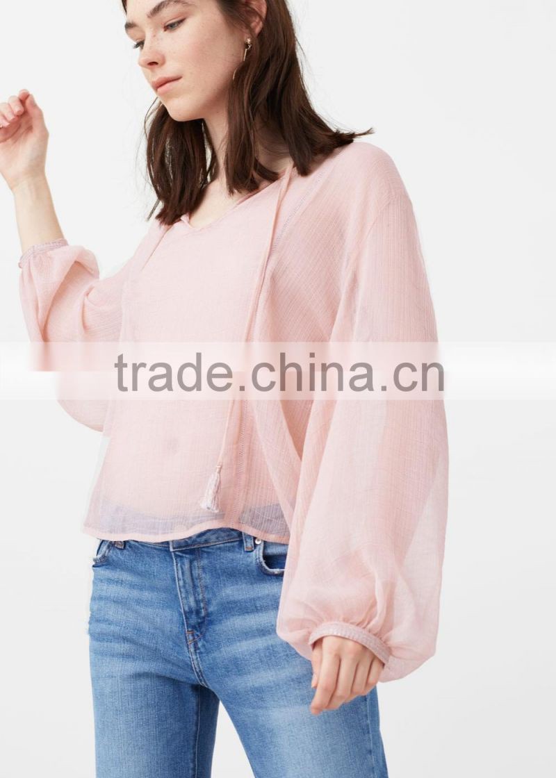 Latest Design Bishop Sleeve Sexy See Through blouses 2016 new designs