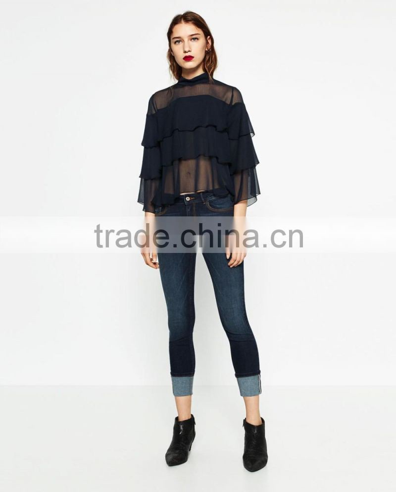 2016 Latest Design Layered Flare Sleeve sexy blouse tops Korean Ladies tops