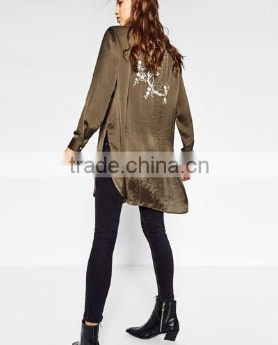 Long Sleeve Satin boyfriend Over Size Blouses For Women, Embroidery ladies blouses and tops