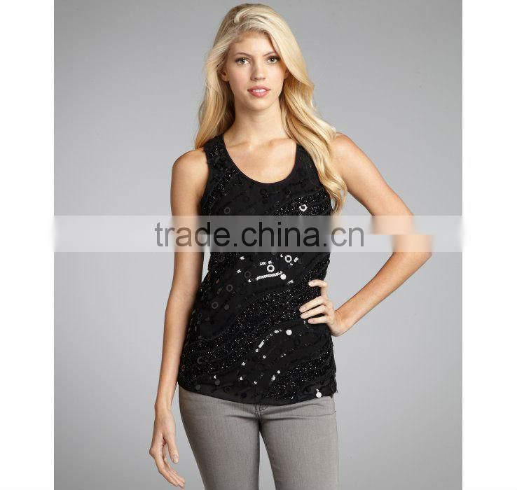 China Wholesale Tank TopS women black cool style sequin beading ladies tops images