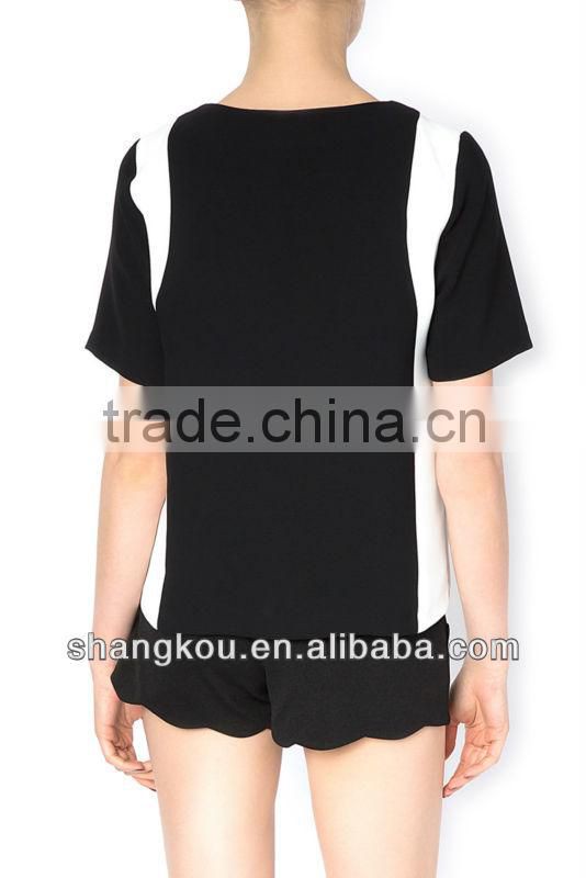 Contrast color Patchwork Women Casual Cheap Tshirt Ladies tops images Custom SHK64
