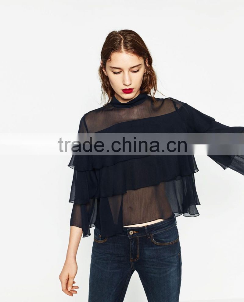 2016 Latest Design Layered Flare Sleeve sexy blouse tops Korean Ladies tops