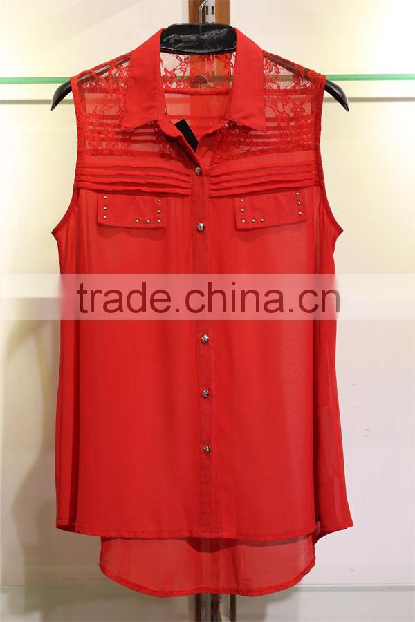Red sleeveless chiffon tops with little lace for women
