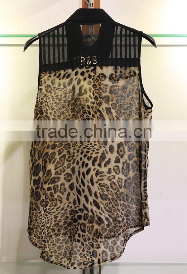 black mesh panel shoulder leopard chiffon tops