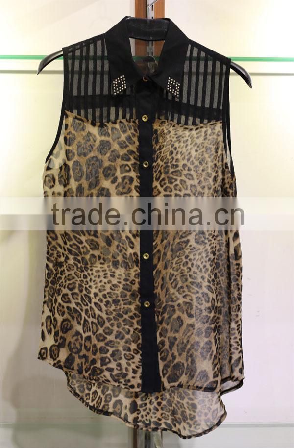 black mesh panel shoulder leopard chiffon tops