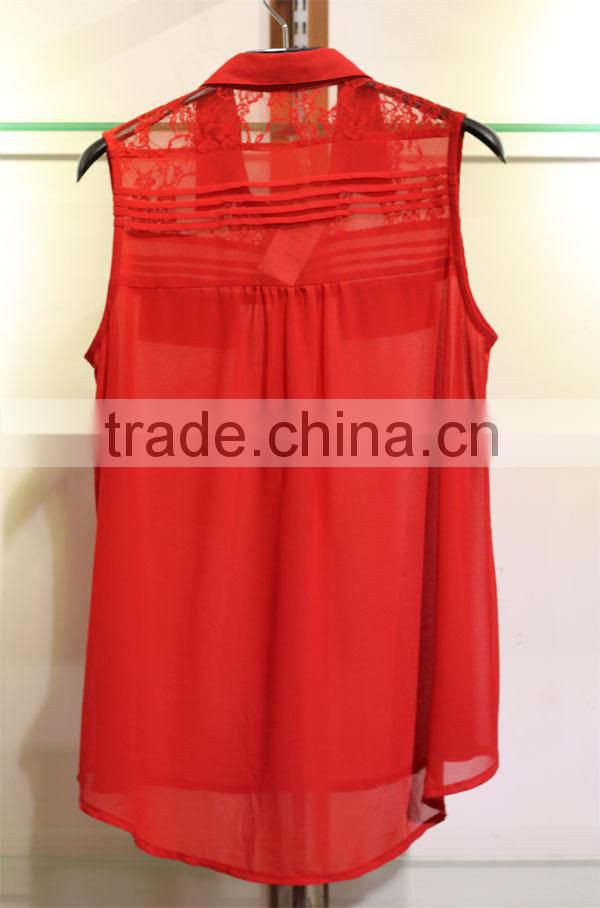 Red sleeveless chiffon tops with little lace for women