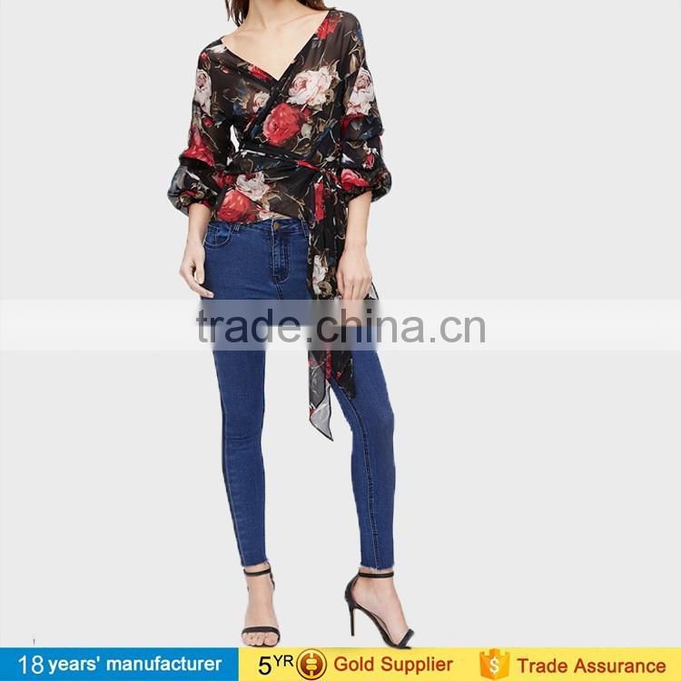 women bishop sleeve v neck wrap printed floral blouse shirt latest summer fashion chiffon blouse design 2017