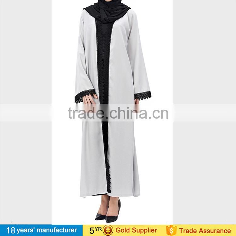 2017 Elegant ladies long sleeve full length lace hem chiffon Islamic dubai abaya long kimono cardigan for muslim women