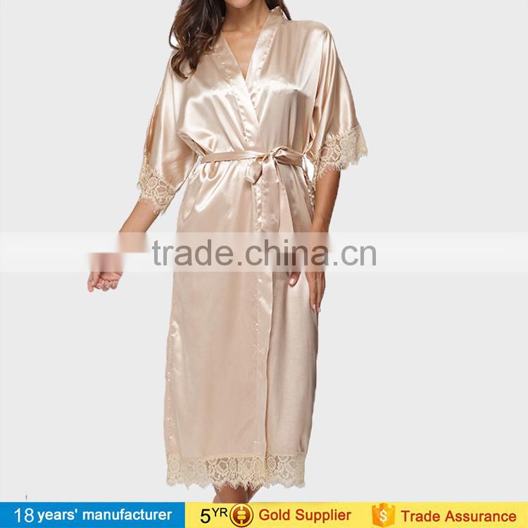 2017 women wholesale cheap summer silk lingerie pajama wedding bathrobe nightgown long satin kimono bridesmaid robes with lace