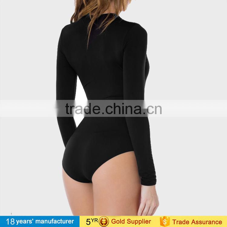 2017 Sexy women's plain cotton plunge front lace up tie neck backless sheath stretch bodysuit top design pictures with strappy