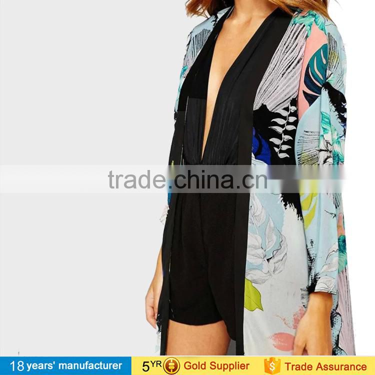 Women summer loose blusa tops outwear long sleeve plus size bohemian floral printed long chiffon open front kimono cardigan