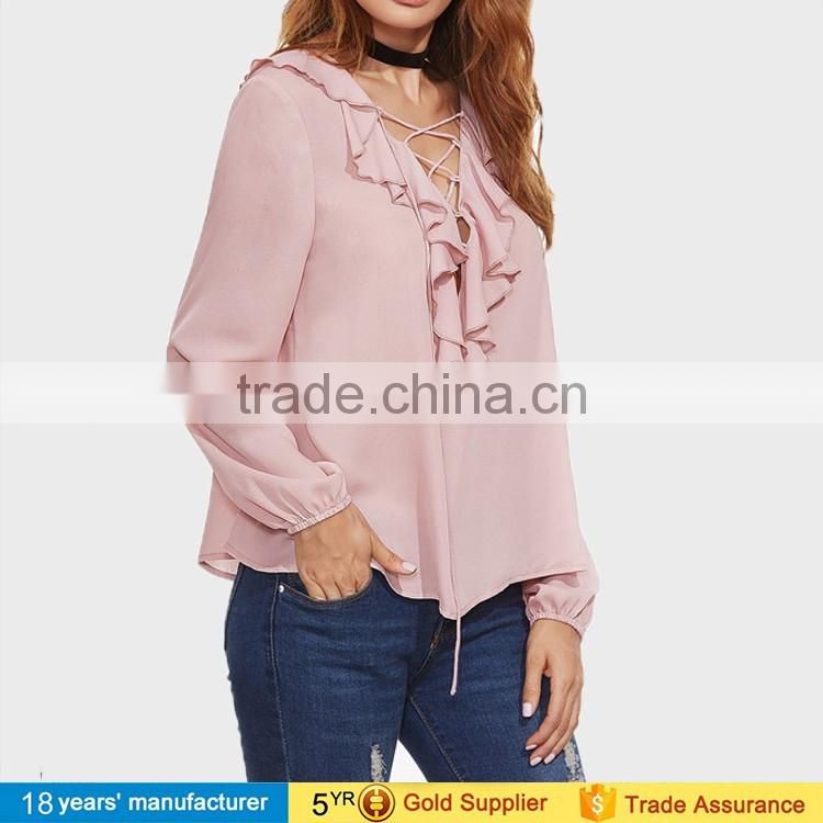women long sleeve ruffle trim lace up v neck tops casual boho long chiffon tops and blouse design pattern 2017