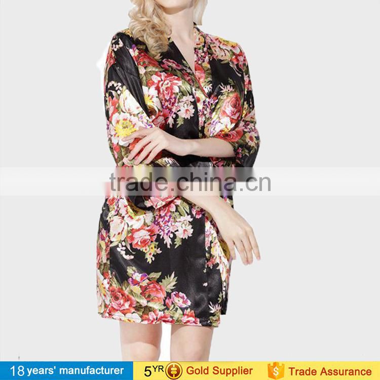 2017 fashion summer nightgown sleepwear 100% polyester printed floral wedding bride bridesmaid silk satin short kimono Robes
