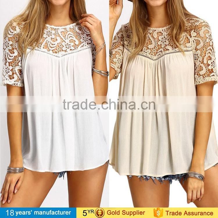 Short sleeve pleated Cut out crochet lace loose summer boho beach Blouse for fashion women clothing 2017