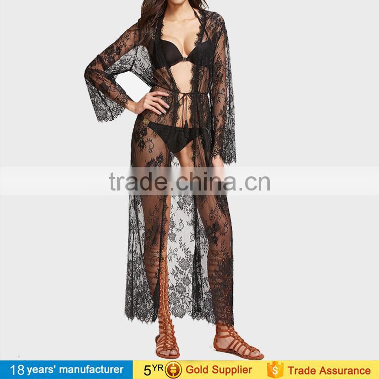 2017 sexy woman's long sleeve belted summer bikini cover up tops blouses long cardigan black sheer floral lace maxi kimono