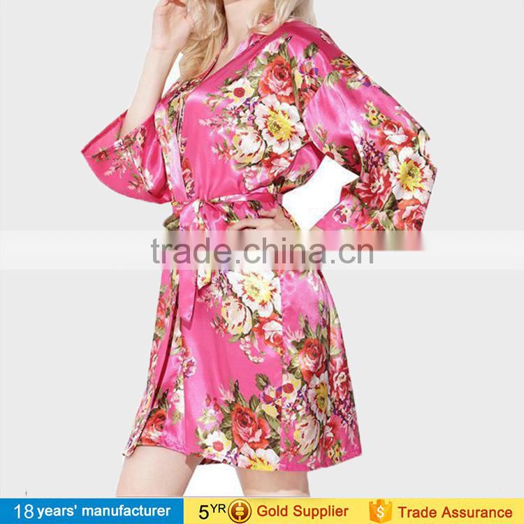 2017 fashion summer nightgown sleepwear 100% polyester printed floral wedding bride bridesmaid silk satin short kimono Robes