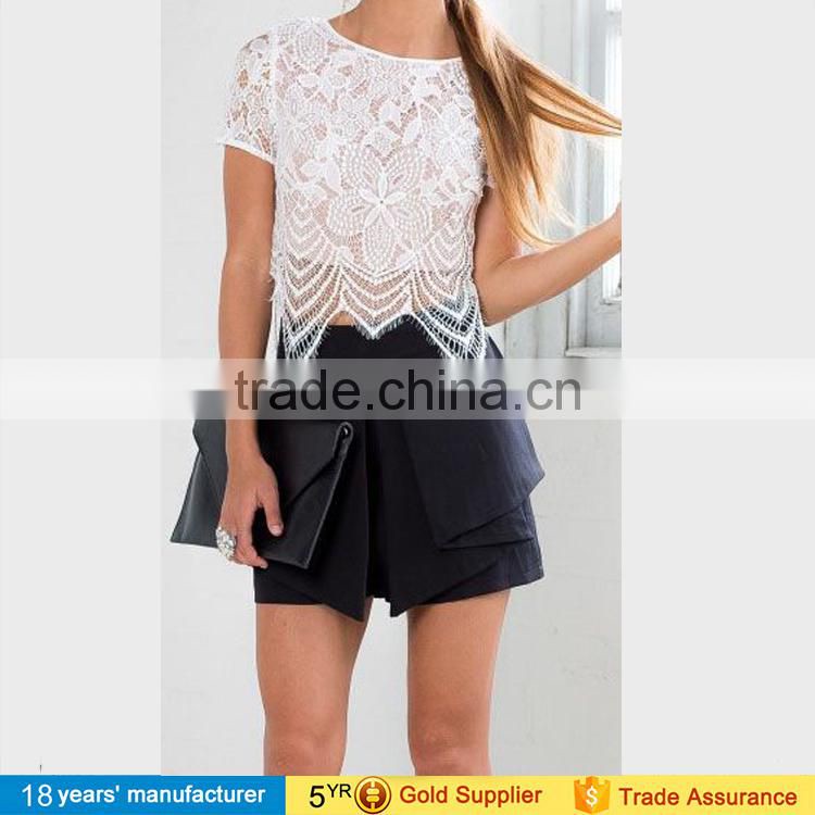2017 Casual loose short sleeve hollow out embroidery white lace slim crop tops for summer women clothing