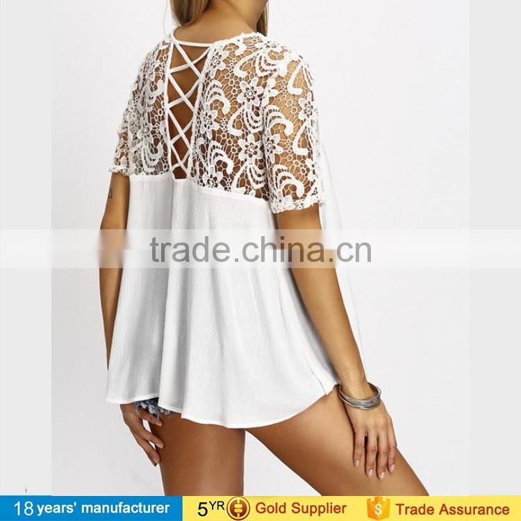 Short sleeve pleated Cut out crochet lace loose summer boho beach Blouse for fashion women clothing 2017