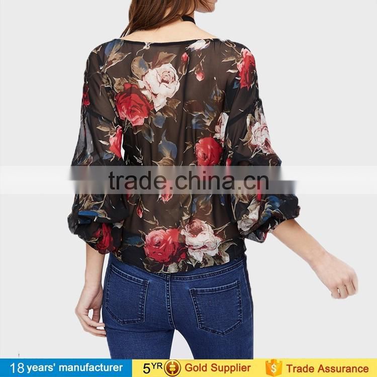 women bishop sleeve v neck wrap printed floral blouse shirt latest summer fashion chiffon blouse design 2017