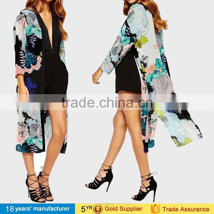 Women summer loose blusa tops outwear long sleeve plus size bohemian floral printed long chiffon open front kimono cardigan