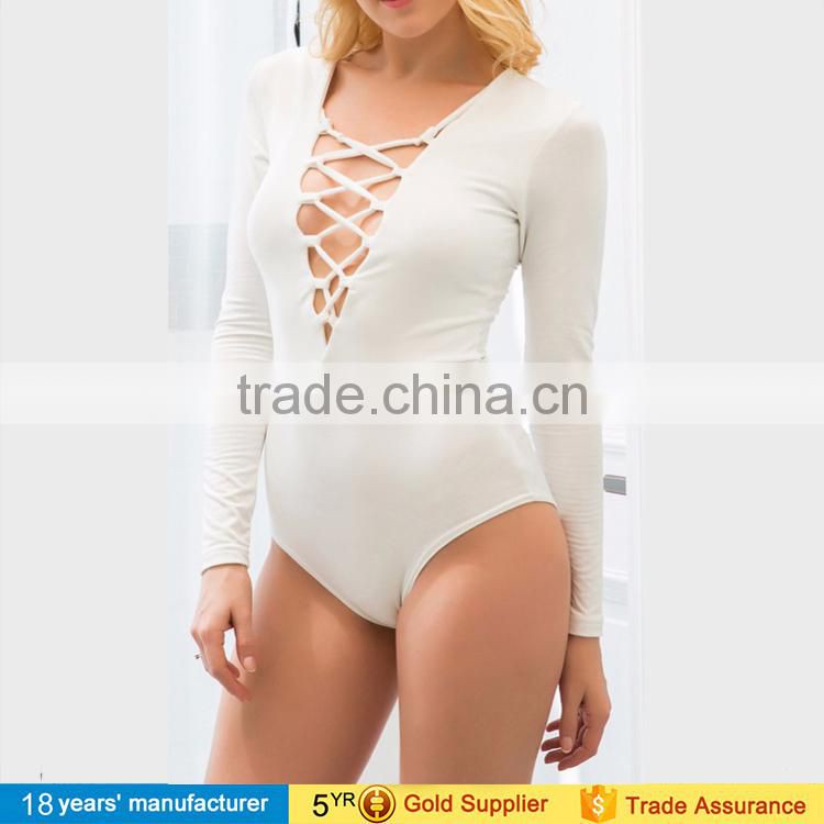 2017 Sexy women's plain cotton plunge front lace up tie neck backless sheath stretch bodysuit top design pictures with strappy
