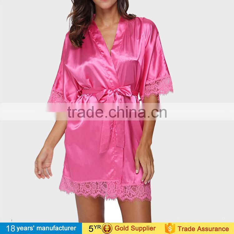 Sexy women plus size lace knee length lingerie bathrobe silk satin kimono bride bridesmaids robes for wedding party 2017