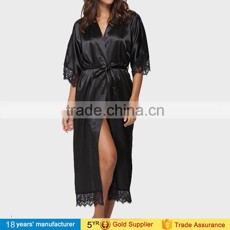 2017 women wholesale cheap summer silk lingerie pajama wedding bathrobe nightgown long satin kimono bridesmaid robes with lace
