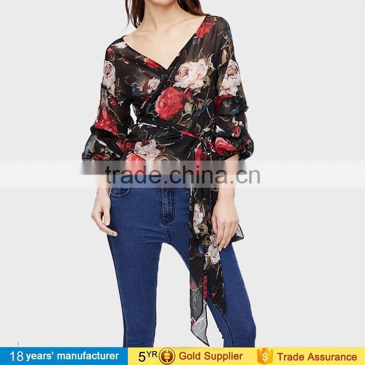 women bishop sleeve v neck wrap printed floral blouse shirt latest summer fashion chiffon blouse design 2017
