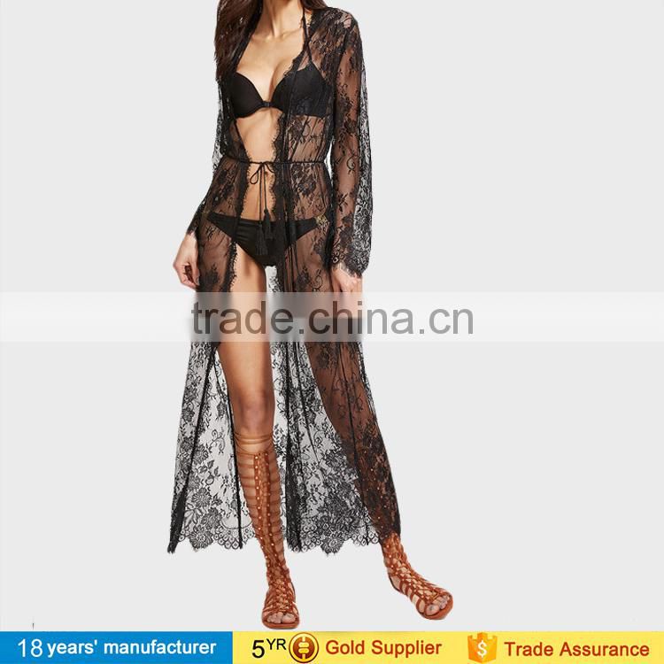 2017 sexy woman's long sleeve belted summer bikini cover up tops blouses long cardigan black sheer floral lace maxi kimono