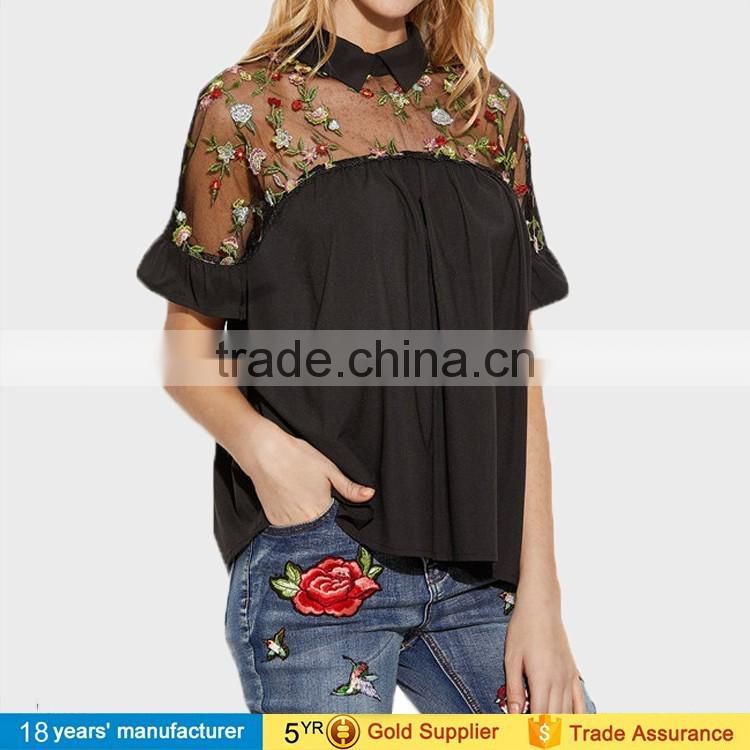 2017 Summer Tops Black Flower Embroidered Sheer Neck Ruffle Cuff Tie Back Top Woman Short Sleeve Vintage Blouse