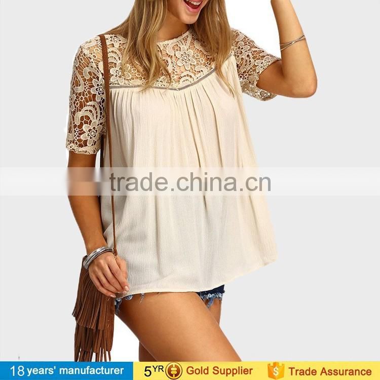 Short sleeve pleated Cut out crochet lace loose summer boho beach Blouse for fashion women clothing 2017