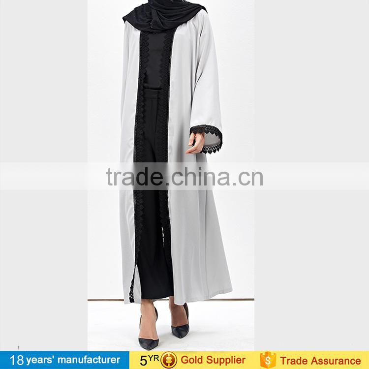 2017 Elegant ladies long sleeve full length lace hem chiffon Islamic dubai abaya long kimono cardigan for muslim women