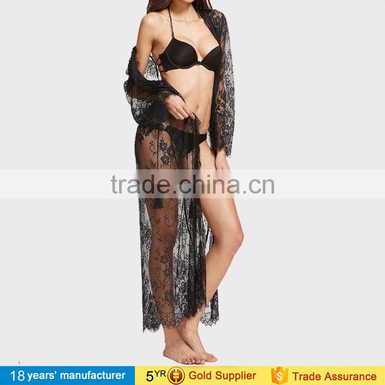 2017 sexy woman's long sleeve belted summer bikini cover up tops blouses long cardigan black sheer floral lace maxi kimono