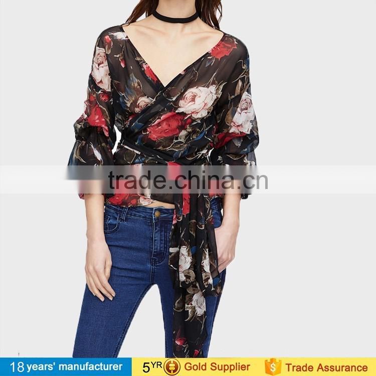 women bishop sleeve v neck wrap printed floral blouse shirt latest summer fashion chiffon blouse design 2017