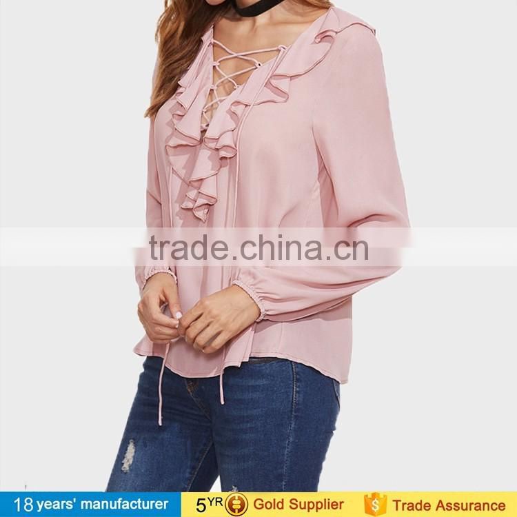 women long sleeve ruffle trim lace up v neck tops casual boho long chiffon tops and blouse design pattern 2017