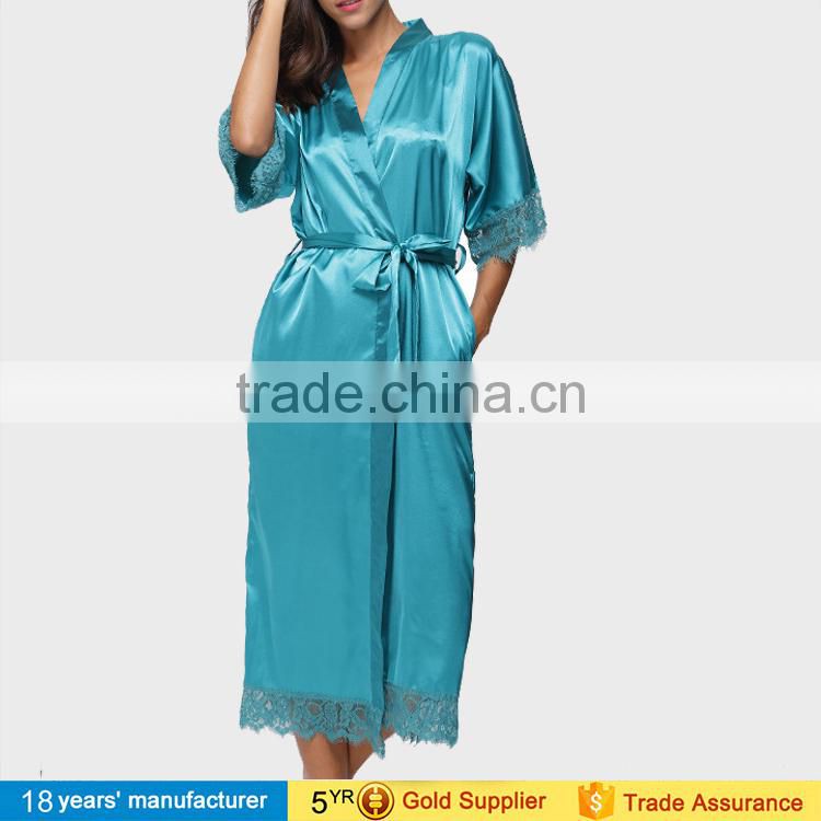 2017 women wholesale cheap summer silk lingerie pajama wedding bathrobe nightgown long satin kimono bridesmaid robes with lace