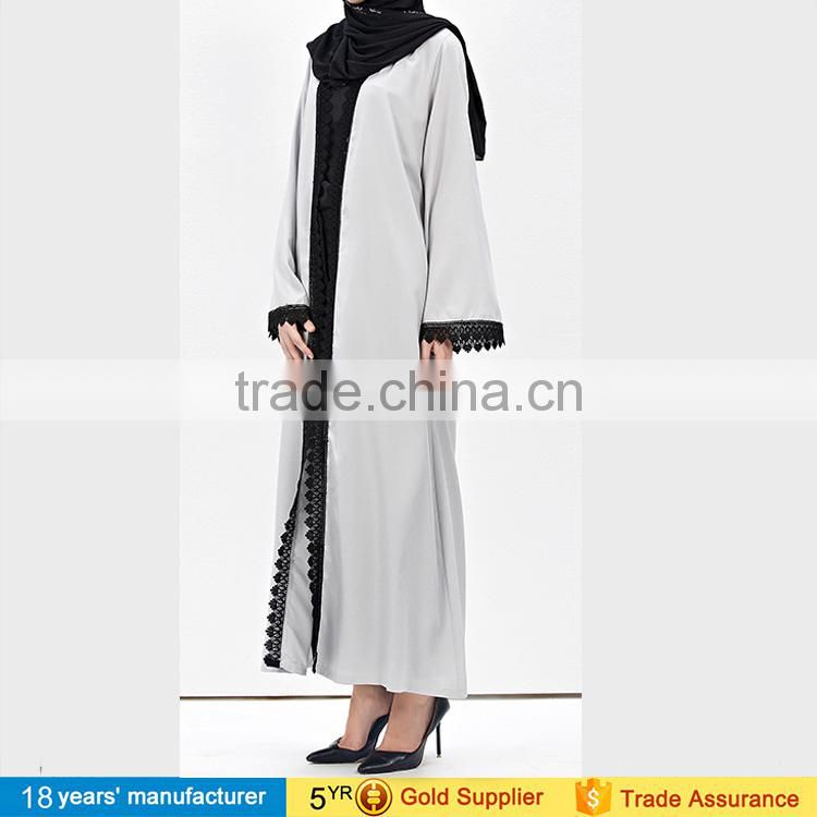 2017 Elegant ladies long sleeve full length lace hem chiffon Islamic dubai abaya long kimono cardigan for muslim women