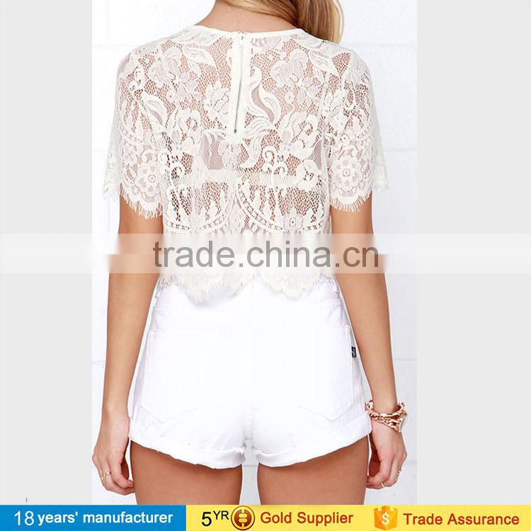 2017 Casual loose short sleeve hollow out embroidery white lace slim crop tops for summer women clothing