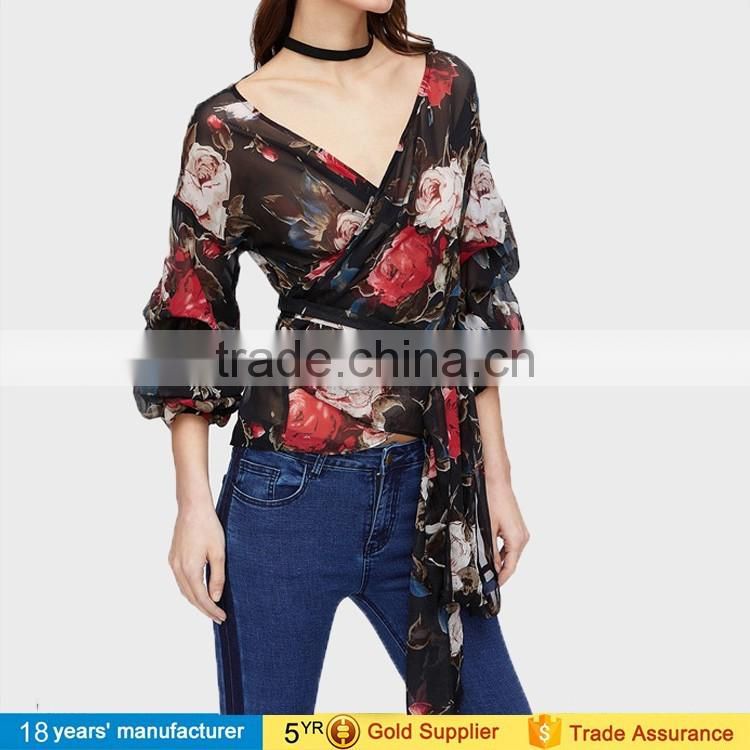 women bishop sleeve v neck wrap printed floral blouse shirt latest summer fashion chiffon blouse design 2017